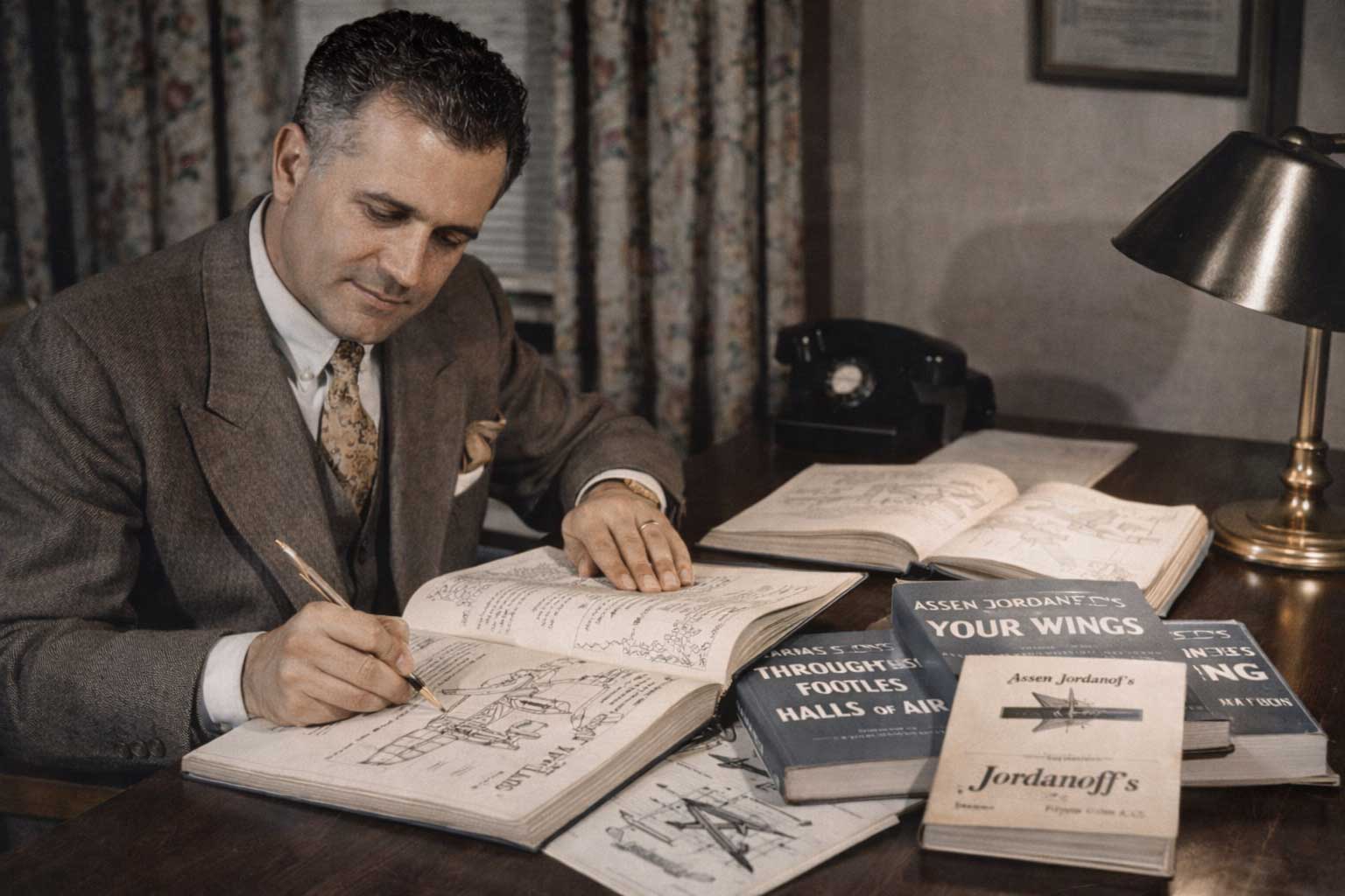 Assen Jordanoff at work on aviation manuals