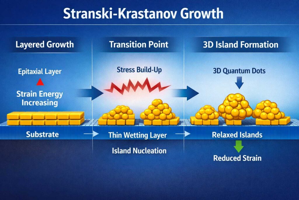 Stranski-Krastanov growth stages illustrated