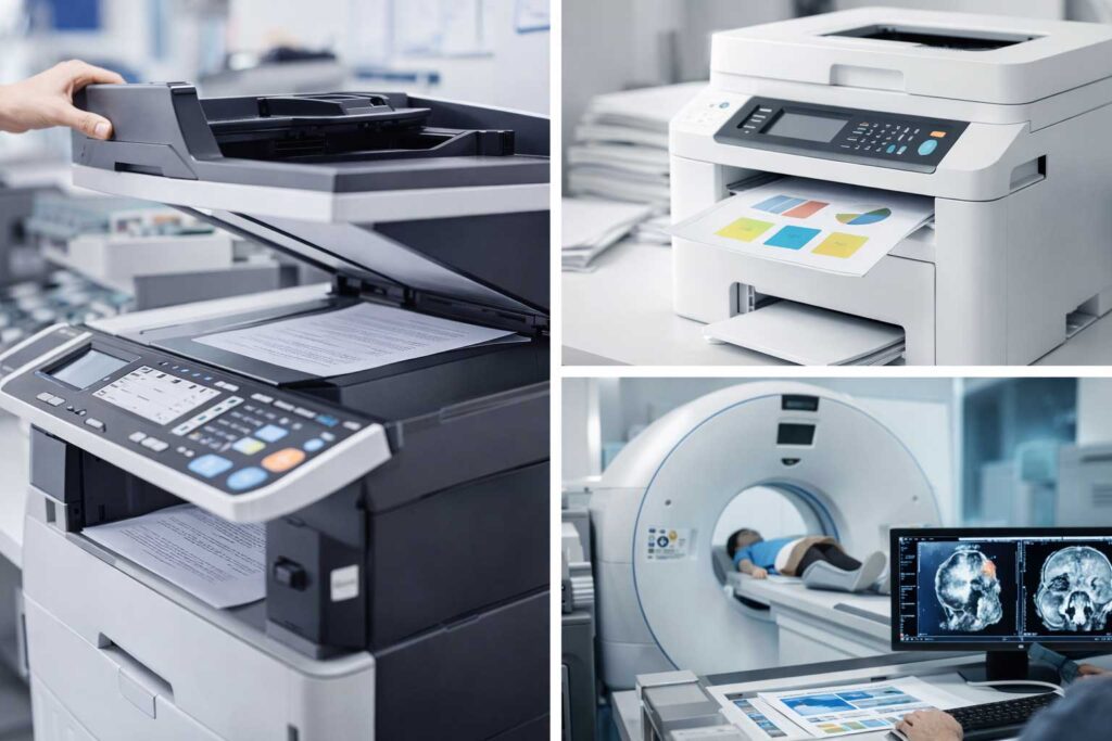 Modern office photocopier printing documents demonstrating real world impact of xerography technology