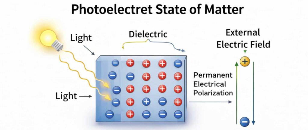 Photoelectret effect diagram showing light induced electrical polarization in dielectric materials