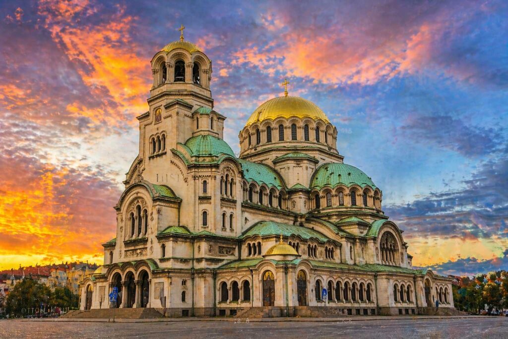 Alexander Nevsky Cathedral in Sofia Bulgaria at sunset