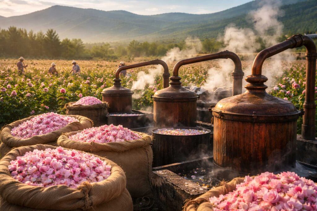 Bulgarian rose oil production in Rose Valley Bulgaria