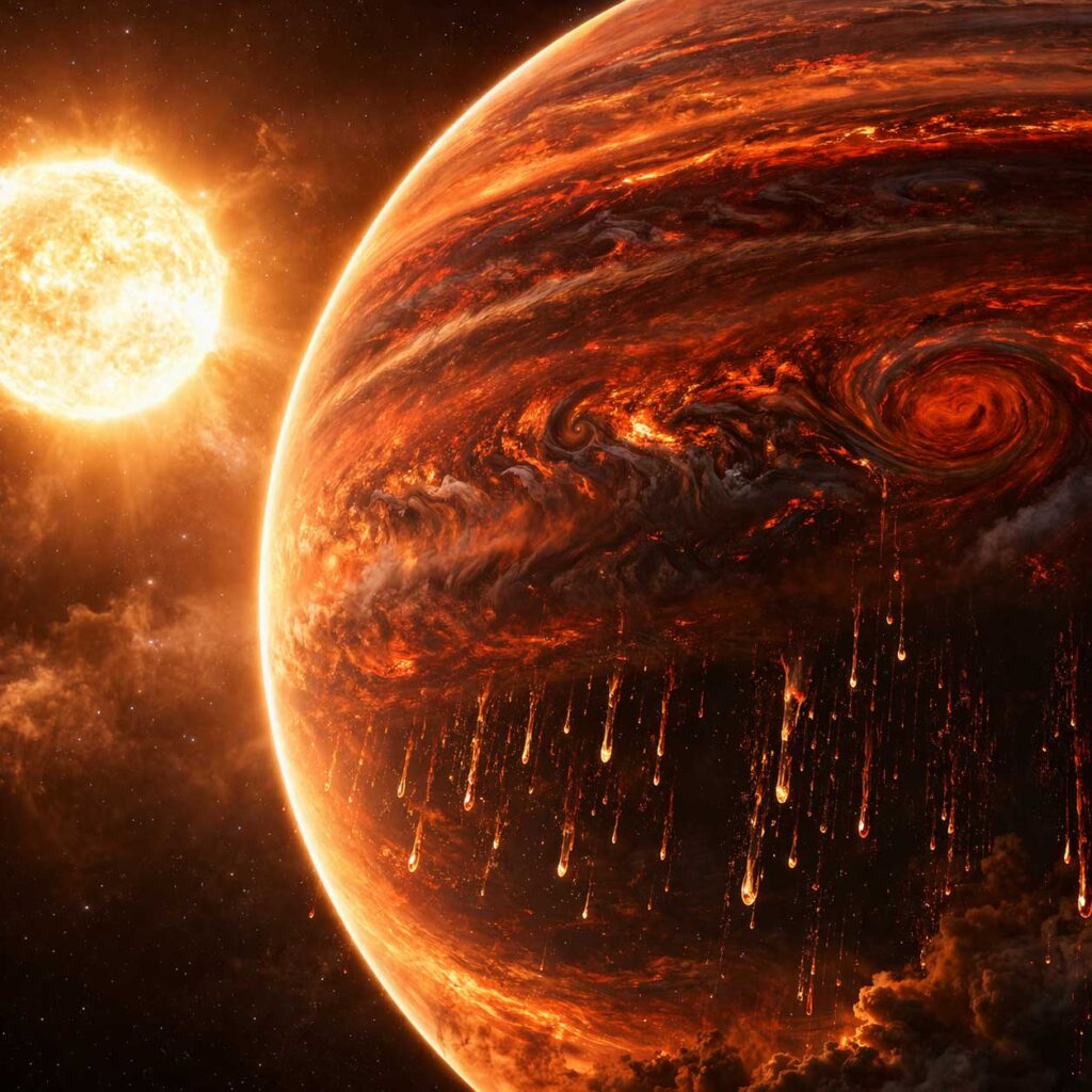 hot Jupiter exoplanet with extreme temperatures and possible iron rain