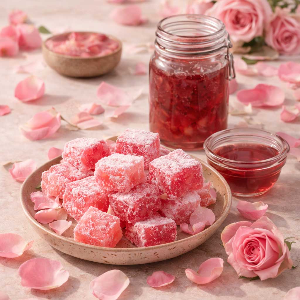 Bulgarian rose desserts including lokum and rose petal jam