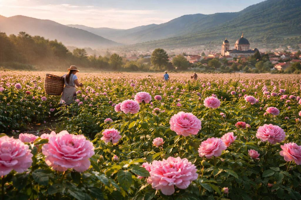 Rosa damascena Bulgaria rose fields near Kazanlak during sunrise harvest