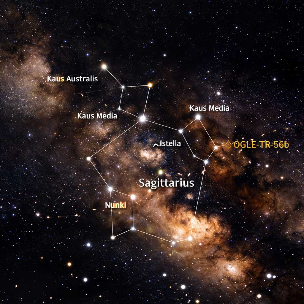 Sagittarius constellation star map showing location of OGLE-TR-56b in the Milky Way galaxy