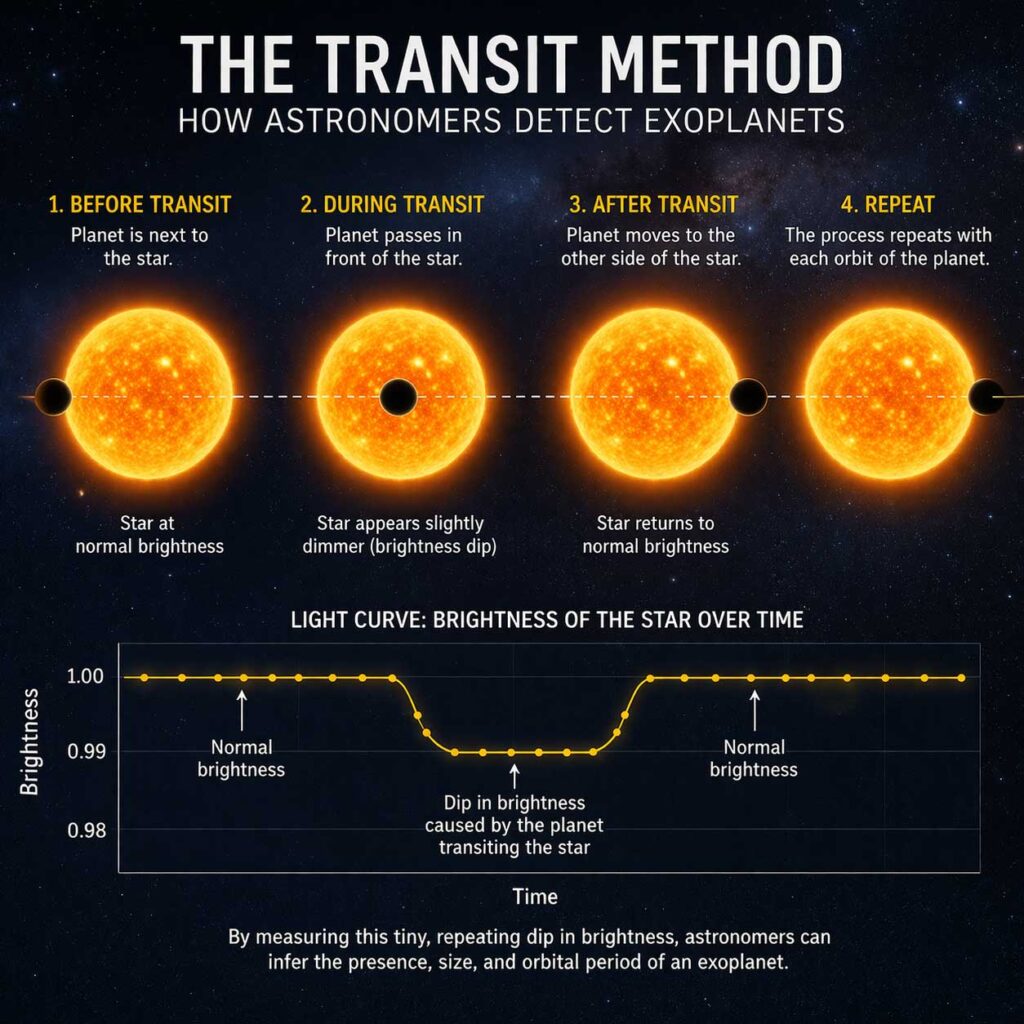 diagram showing transit method used to detect exoplanets by measuring star brightness