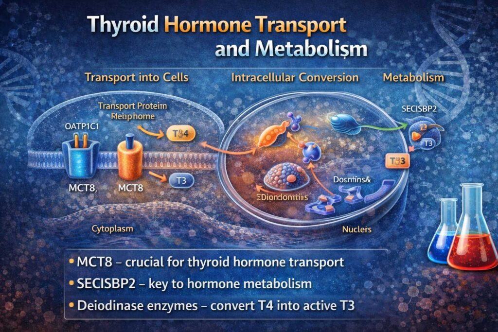 Thyroid hormone transport and metabolism steps



