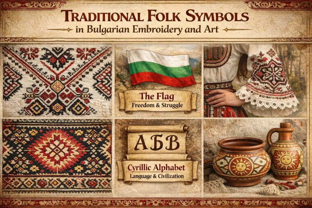 Bulgarian folk embroidery symbols with traditional red black and white patterns representing protection and cultural identity