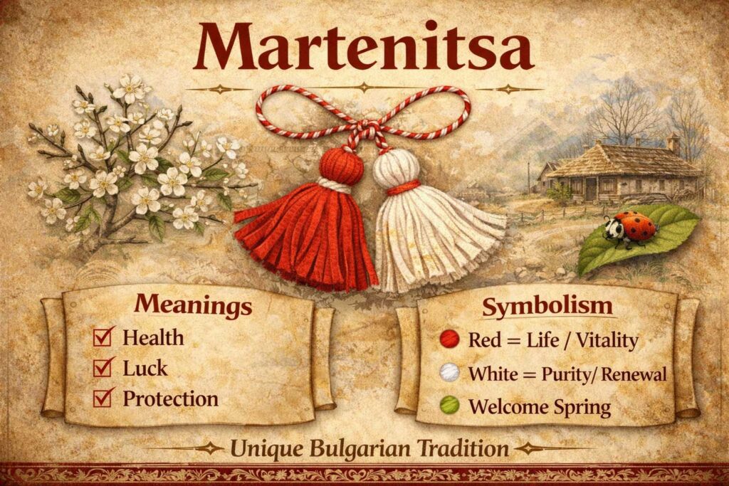 Bulgarian martenitsa bracelet with red and white threads meaning explained