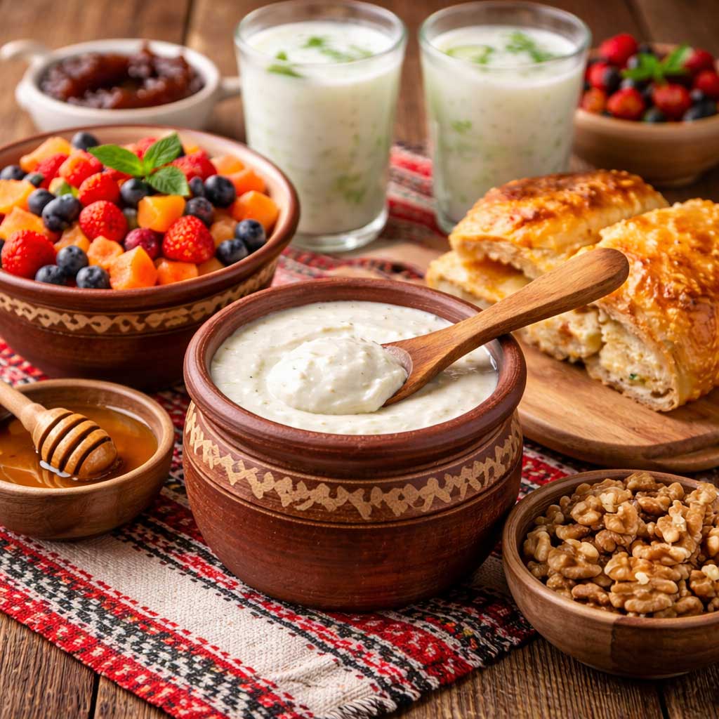 Bulgarian yogurt with honey and walnuts breakfast