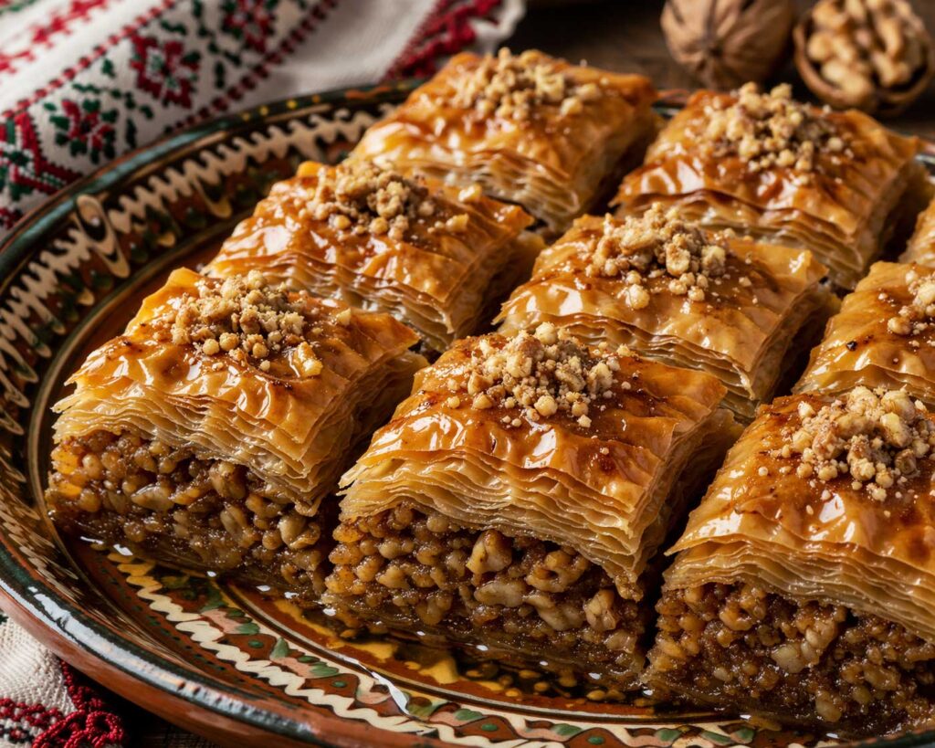 Bulgarian baklava with walnuts and sweet syrup traditional dessert