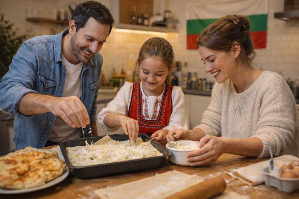 Bulgarian family abroad preparing traditional banitsa