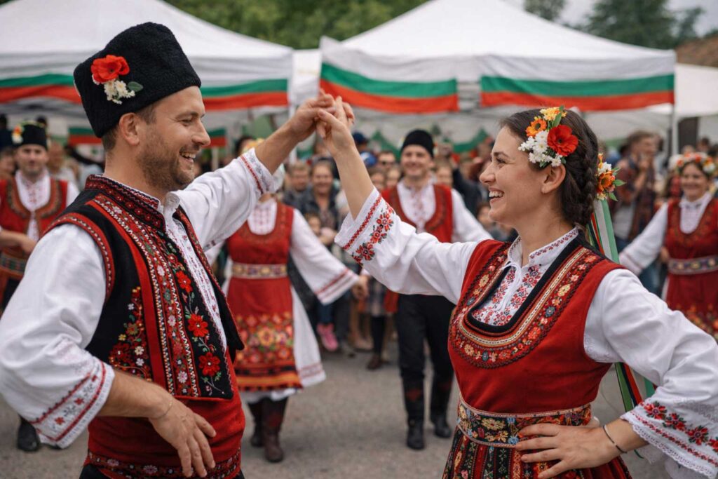 Bulgarian folk dancers performing traditional dance at cultural festival abroad