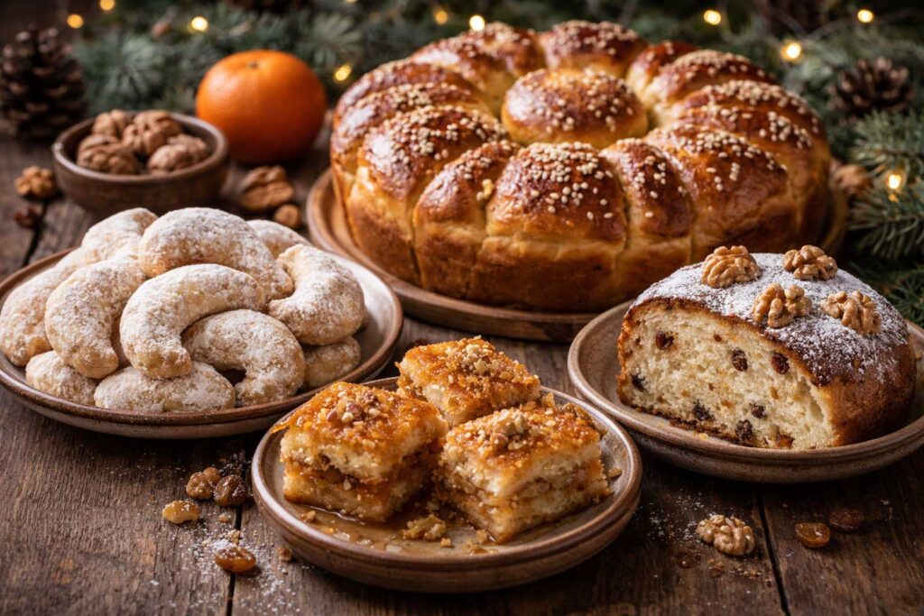 Bulgarian holiday desserts table with kozunak baklava cookies and traditional sweets