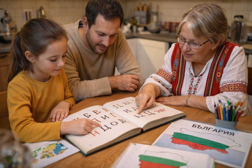 Bulgarian family abroad teaching children Cyrillic alphabet
