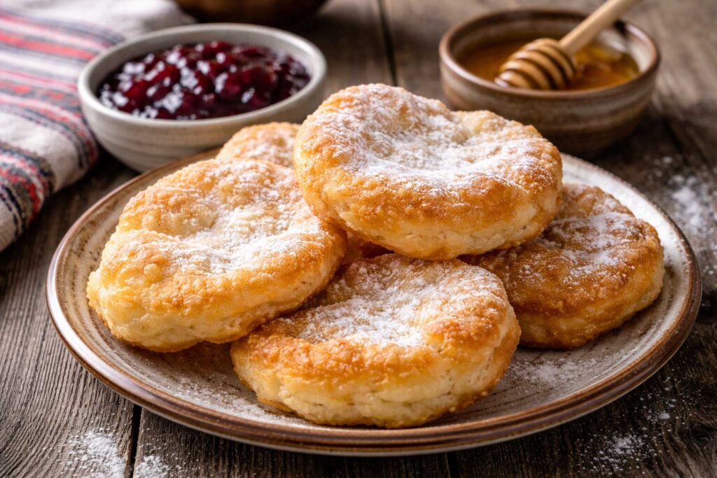 Bulgarian mekitsi fried dough served with powdered sugar honey and jam