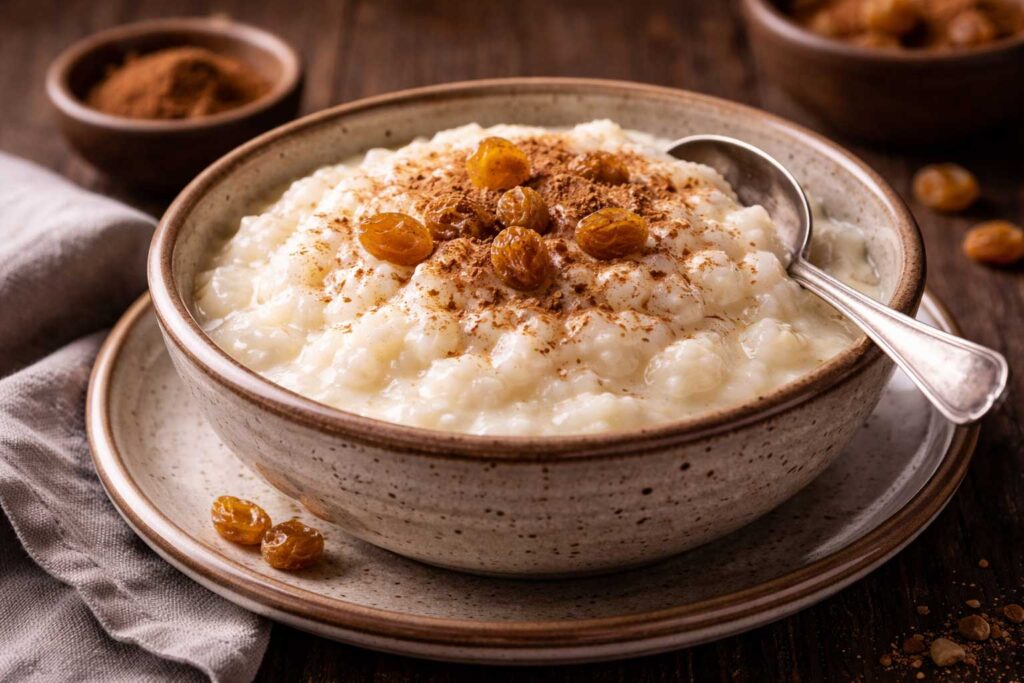 Bulgarian rice pudding creamy dessert topped with cinnamon and raisins