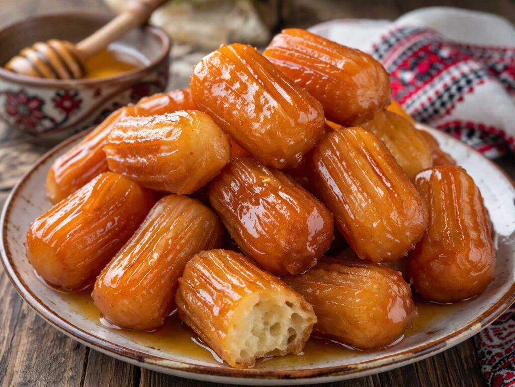 Bulgarian tolumbichki syrup soaked fried pastries with golden crispy texture