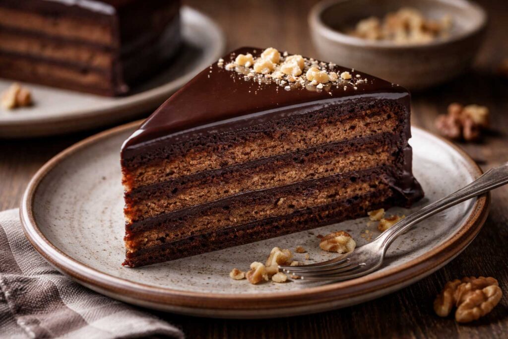 Garash cake Bulgarian chocolate walnut layered dessert with glossy chocolate topping