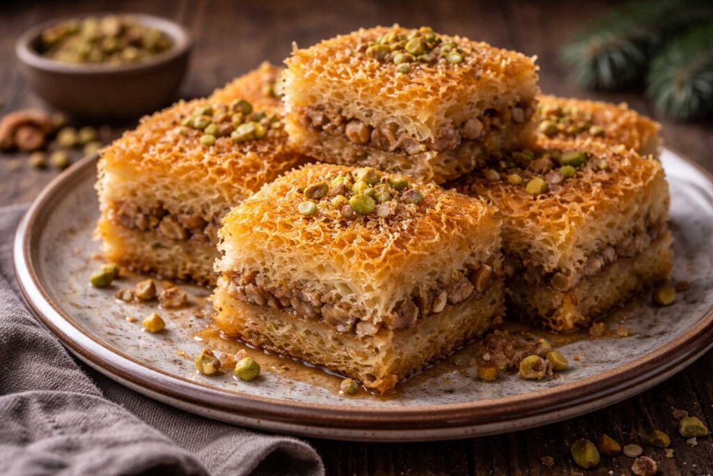 Kadaif Bulgarian dessert made with shredded pastry walnuts and syrup
