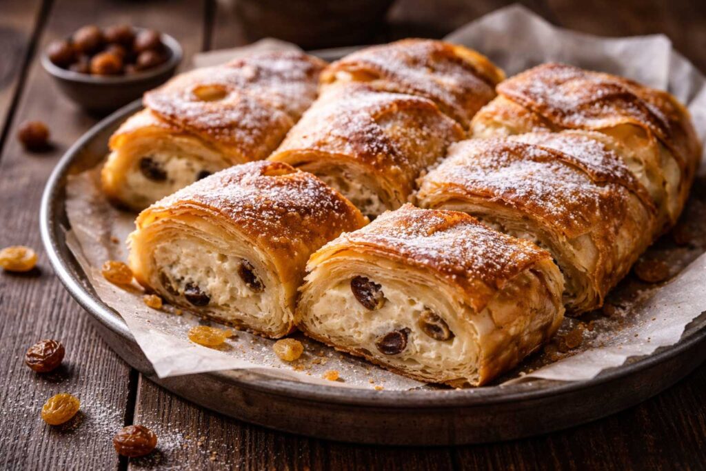Sweet banitsa Bulgarian dessert with filo pastry creamy filling and raisins