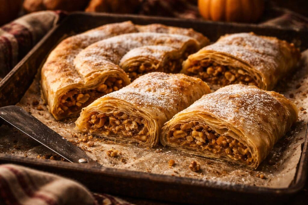Tikvenik Bulgarian pumpkin dessert with filo pastry walnuts and cinnamon