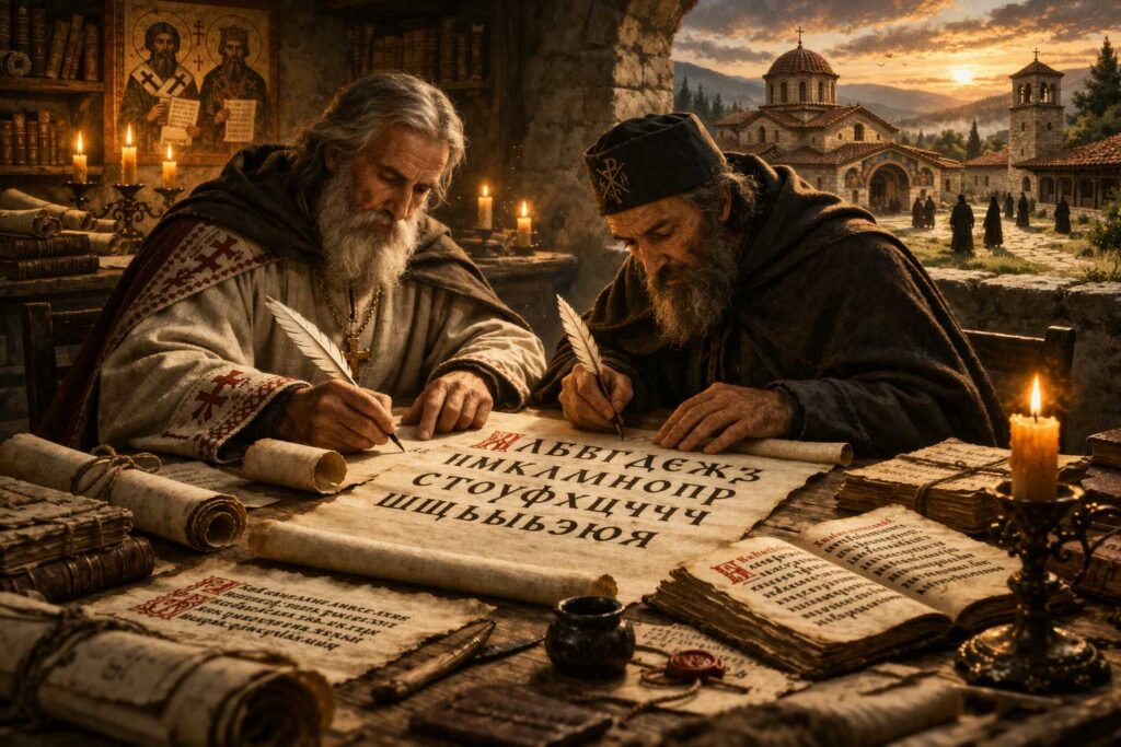 Saints Cyril and Methodius writing the Slavic alphabet