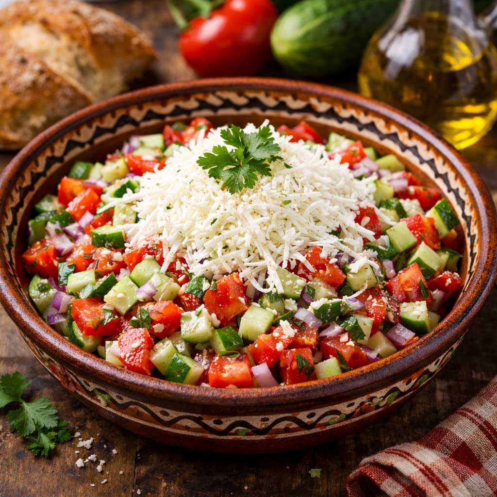 Traditional Bulgarian Shopska salad with tomatoes cucumbers peppers and white cheese