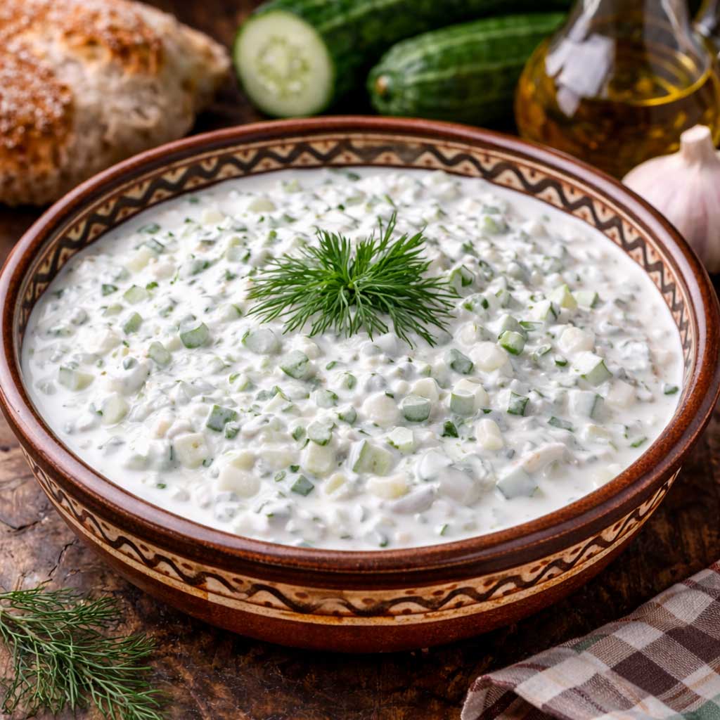 Snezhanka Bulgarian yogurt salad with cucumbers garlic dill