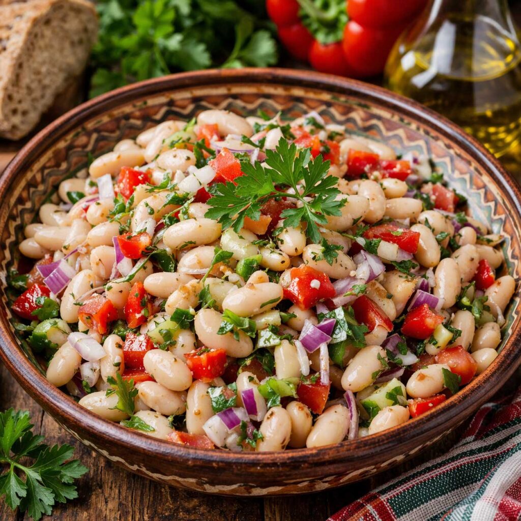 Bulgarian bean salad with white beans onion parsley vinegar and oil