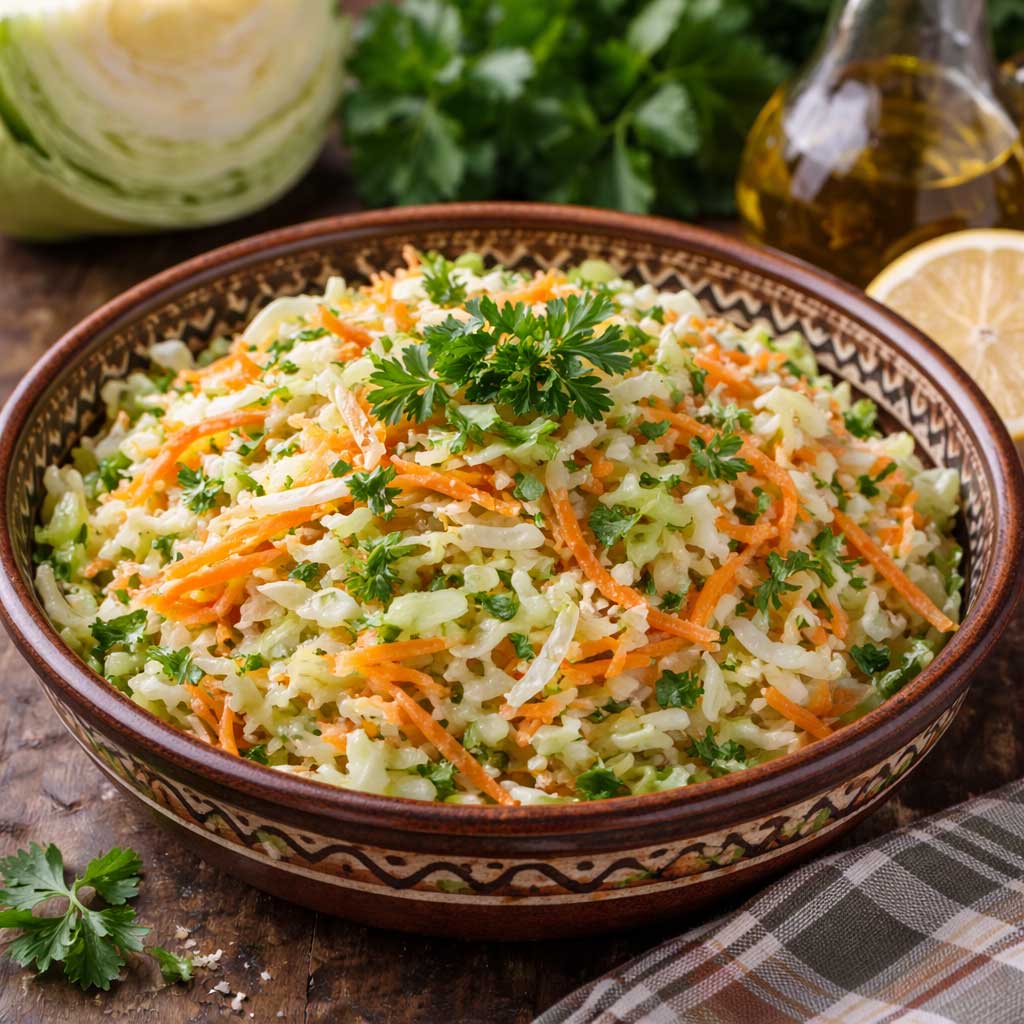 Bulgarian cabbage and carrot salad shredded fresh vegetables with vinegar dressing
