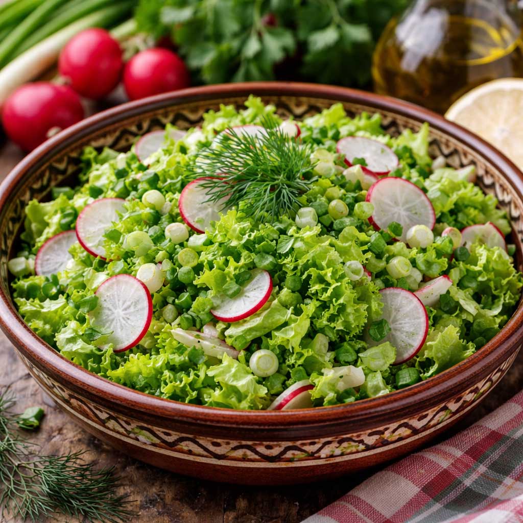 Bulgarian green salad with lettuce radishes green onions and fresh dill
