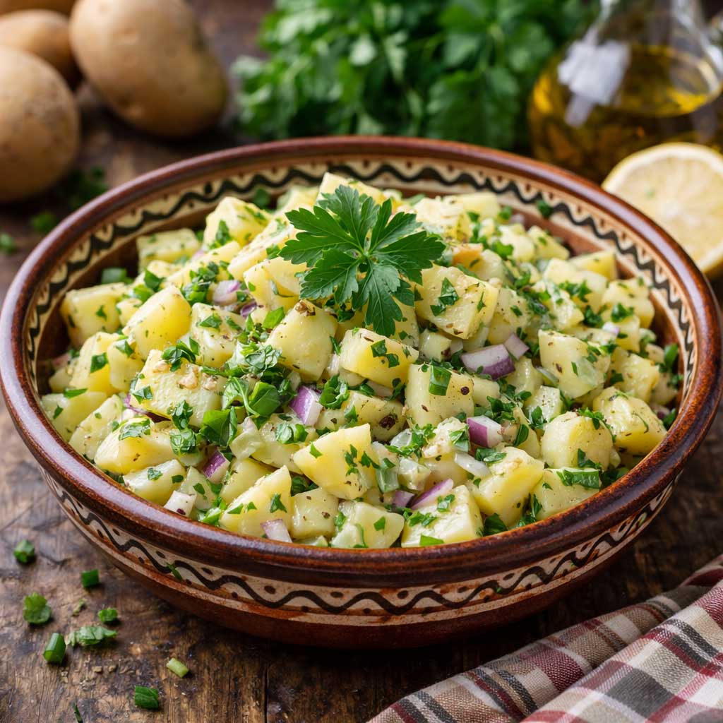 Bulgarian potato salad with parsley onion vinegar and sunflower oil