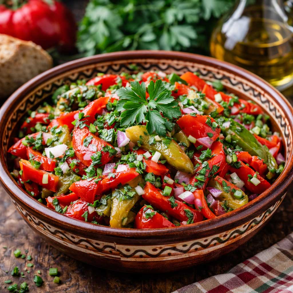 Bulgarian roasted red pepper salad with garlic parsley and vinegar dressing