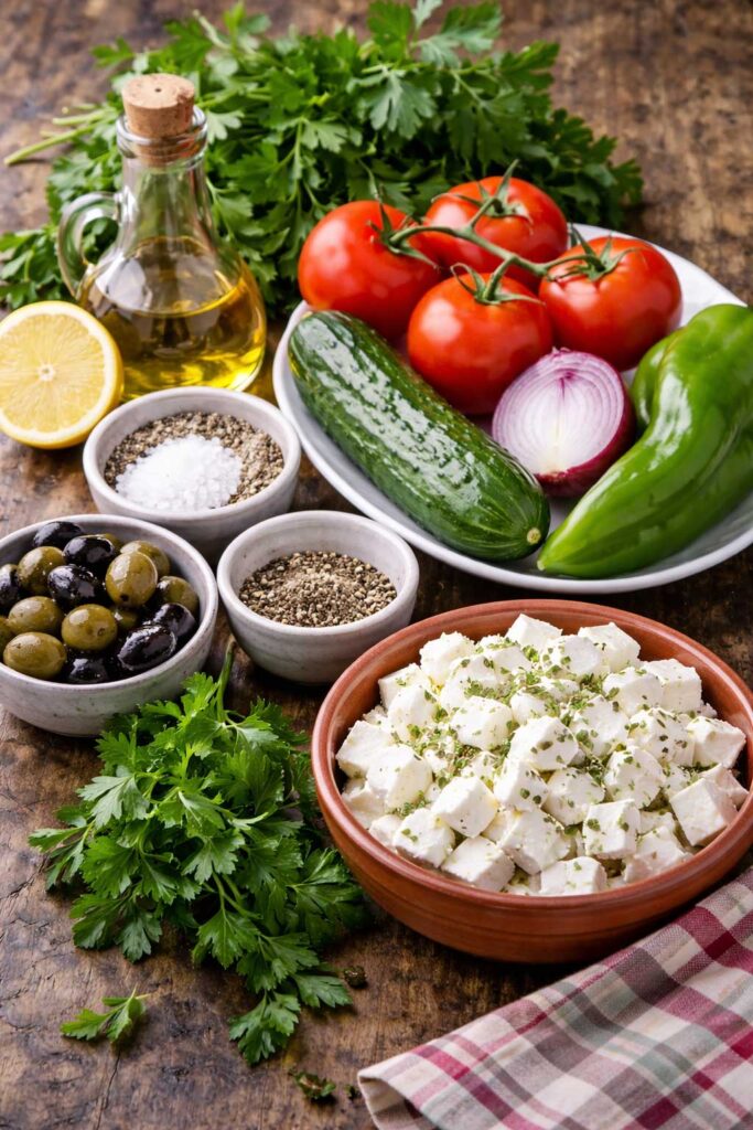 Fresh Bulgarian salad ingredients tomatoes cucumbers peppers cheese and herbs