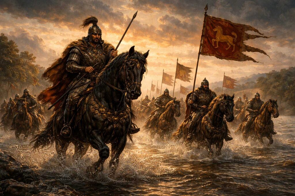 Khan Asparuh leading Bulgars across the Danube founding First Bulgarian Empire