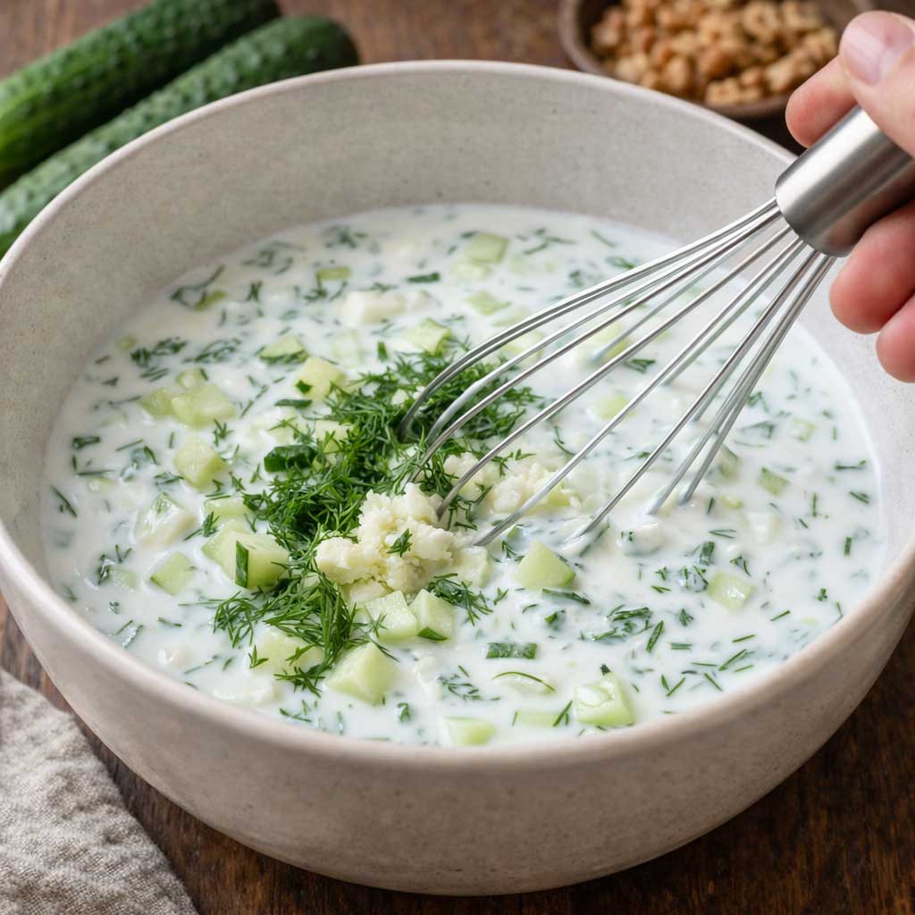 Preparing tarator by mixing yogurt cucumbers garlic and dill