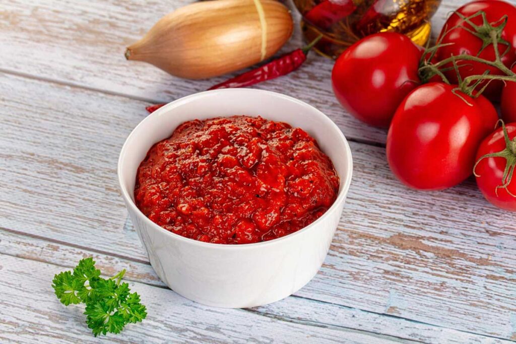 Bulgarian lyutenitsa spread made from roasted peppers tomatoes and garlic in jar