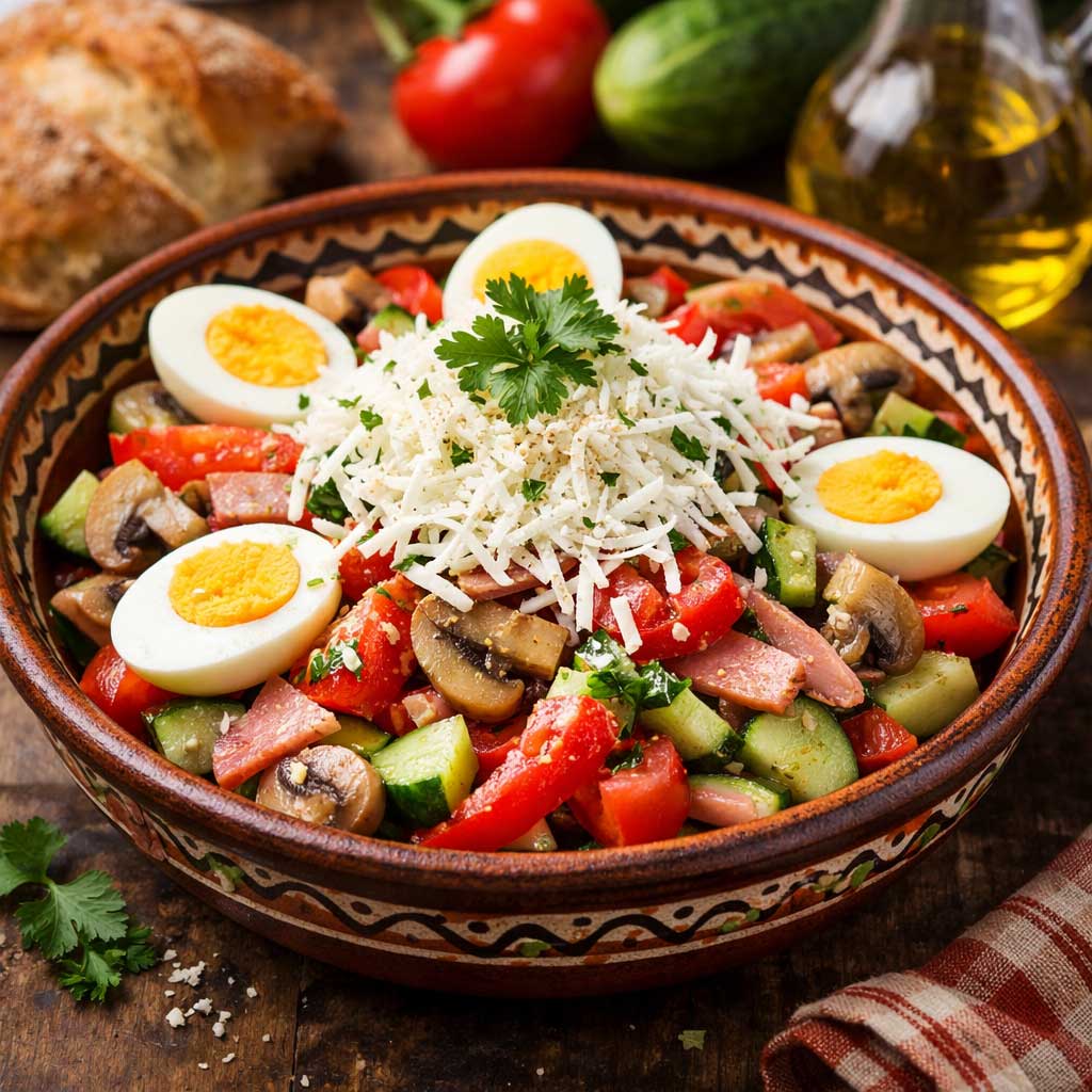 Ovcharska Bulgarian salad with eggs ham mushrooms cheese and fresh vegetables