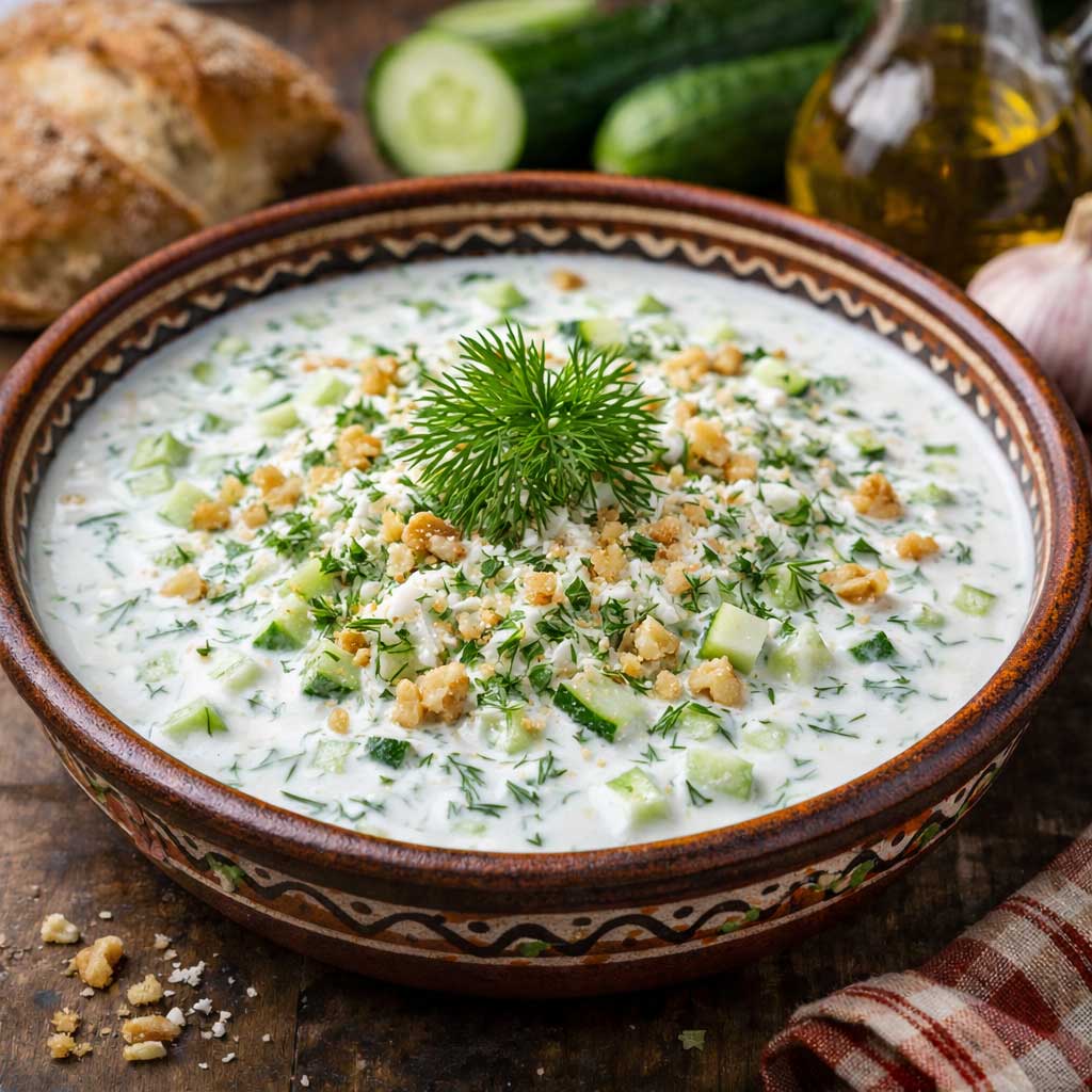 Traditional Bulgarian Tarator cold yogurt soup with cucumbers