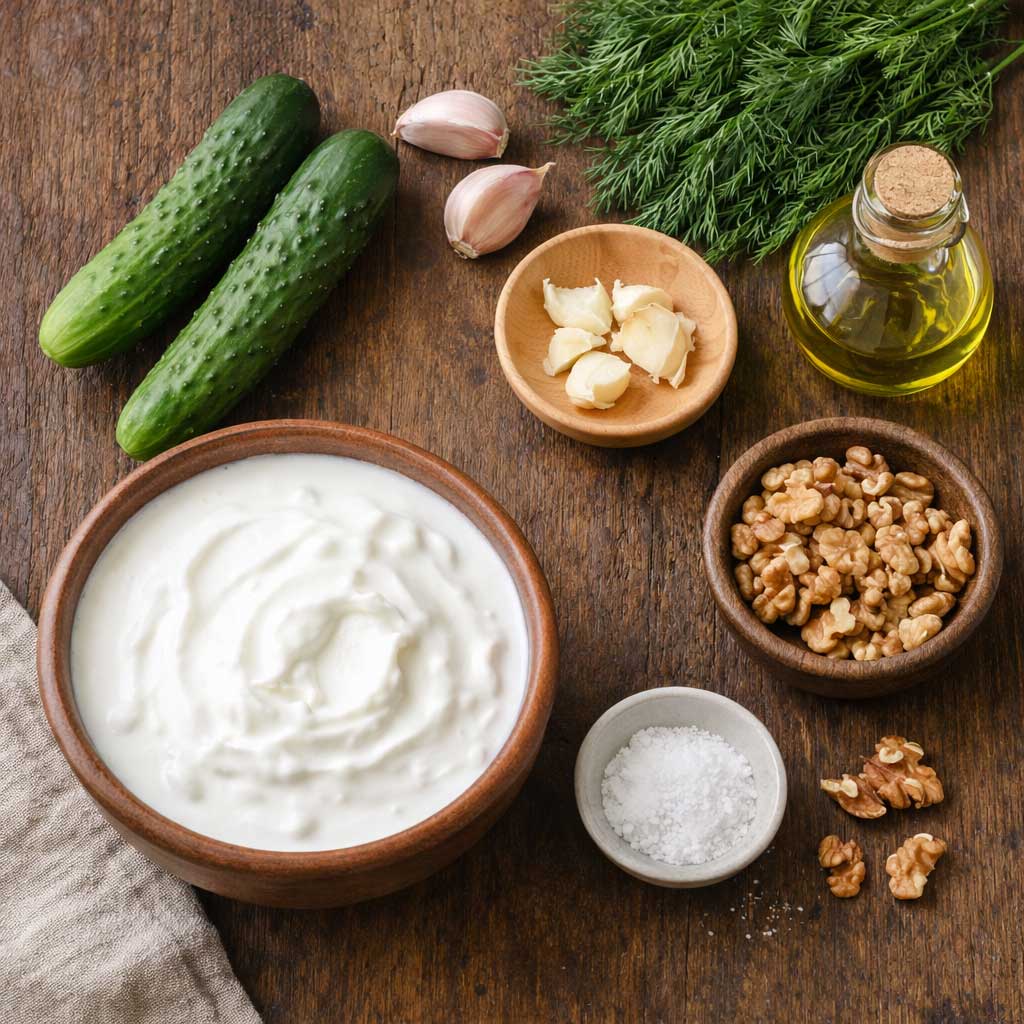 Ingredients for tarator Bulgarian yogurt soup