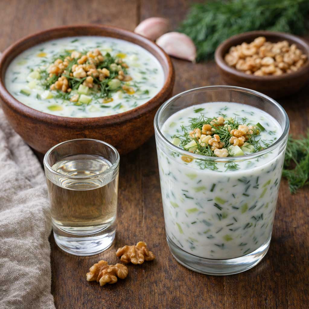 Close up texture of tarator showing creamy yogurt