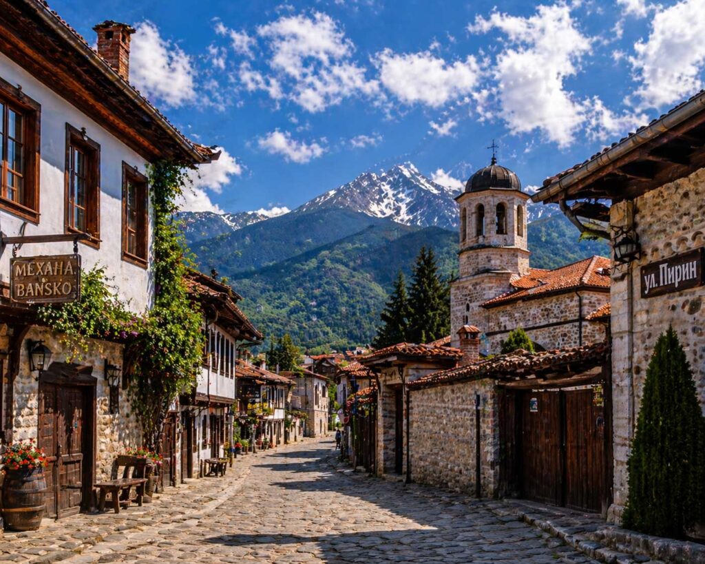 Bansko ski resort in Pirin Mountains Bulgaria with snow-covered slopes