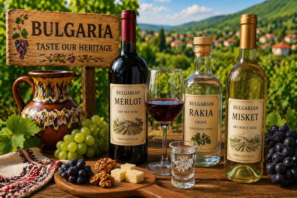 Bulgarian rakia and wine traditional drinks