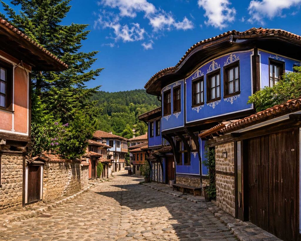 Colorful traditional houses in Koprivshtitsa Bulgaria with revival architecture