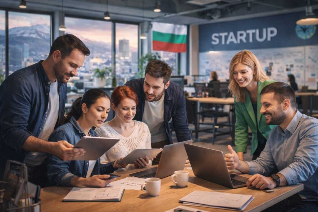 Bulgarian startup team working in modern office environment in Sofia technology hub