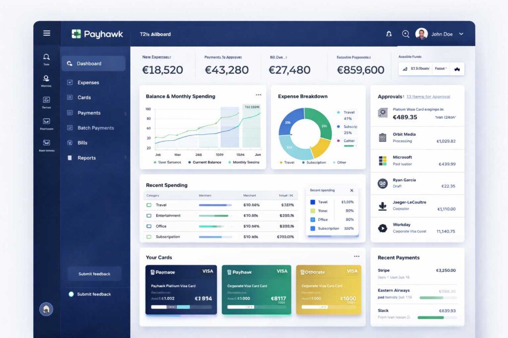 Payhawk fintech dashboard interface for corporate expense management and business payments