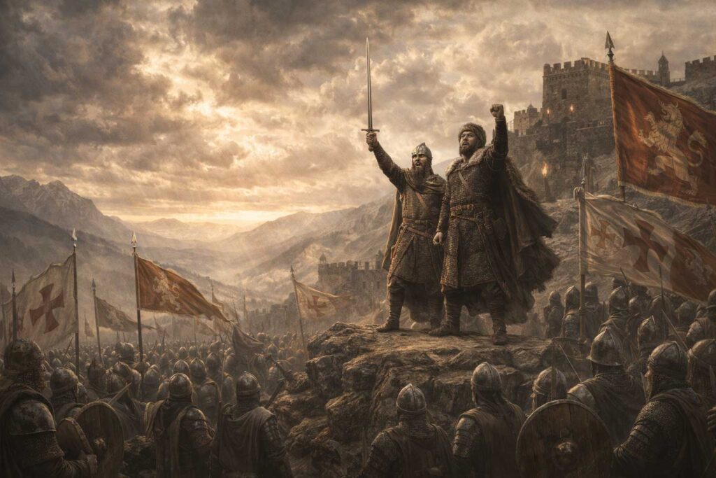 Asen brothers leading the 1185 uprising against Byzantine rule in Bulgaria