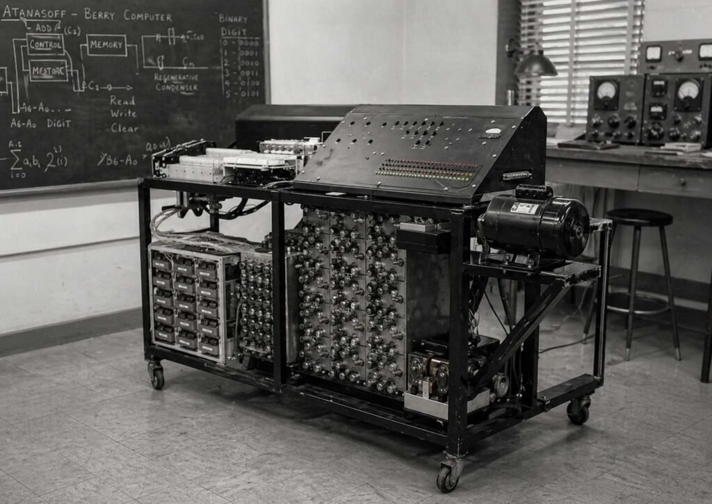 Atanasoff Berry Computer in laboratory showing vacuum tubes and early electronic components